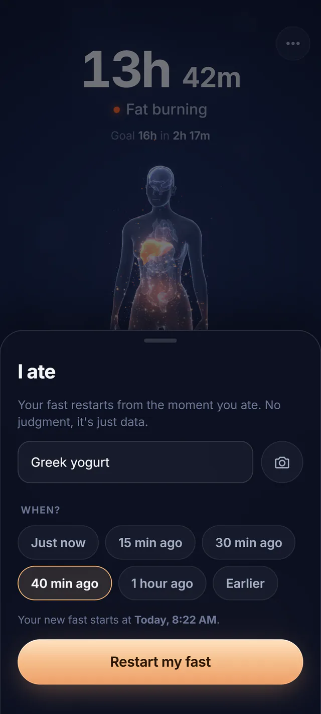 The I ate screen in FastWithin: a note reading Greek yogurt, the time 40 minutes ago selected, and a Restart my fast button.