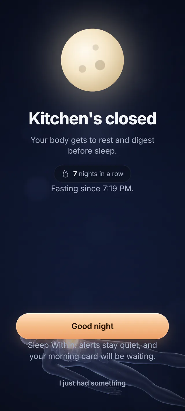 The Kitchen's closed screen: a moon, the words 7 nights in a row, and a resting 3D body.