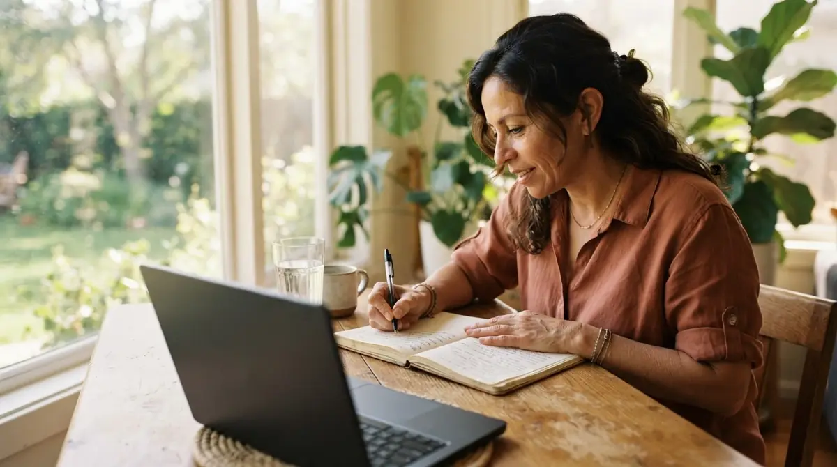 A woman writes in a notebook at a sunlit desk with a glass of water beside her.