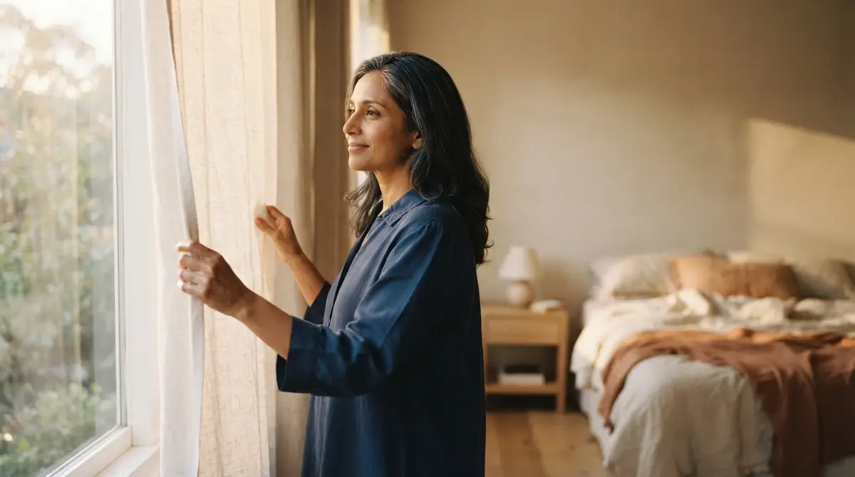 A woman opens bedroom curtains to soft morning light.